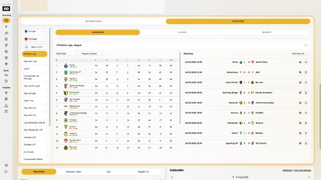 Competitions widget with country filters, standings, and matches
