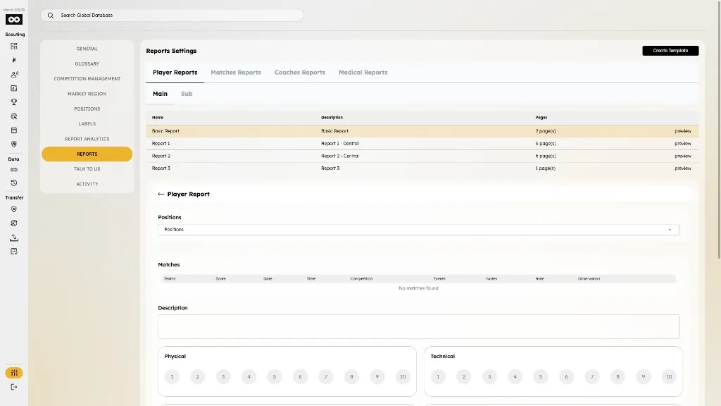 Player Reports templates with Basic Report preview